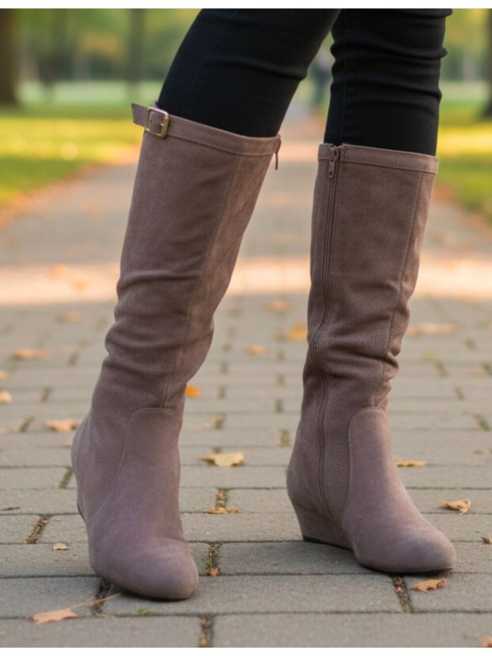 Taupe Knee-High Wedge Suede Boots With Buckle Detail Side Zipper And Textured Fi - Picture 8 of 9